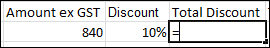 Amount ex GST with figure 840 in cell below, Discount with percentage 10% in cell below and Total discount with = in the cell below