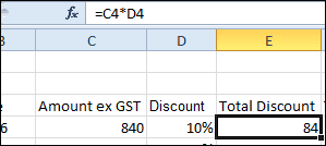 Cell below Amount ex GST showing 840, cell below Discount showing 10% and cell below Total Discount highlighted with 84 in it and the formula =C4*D4 in the formula bar