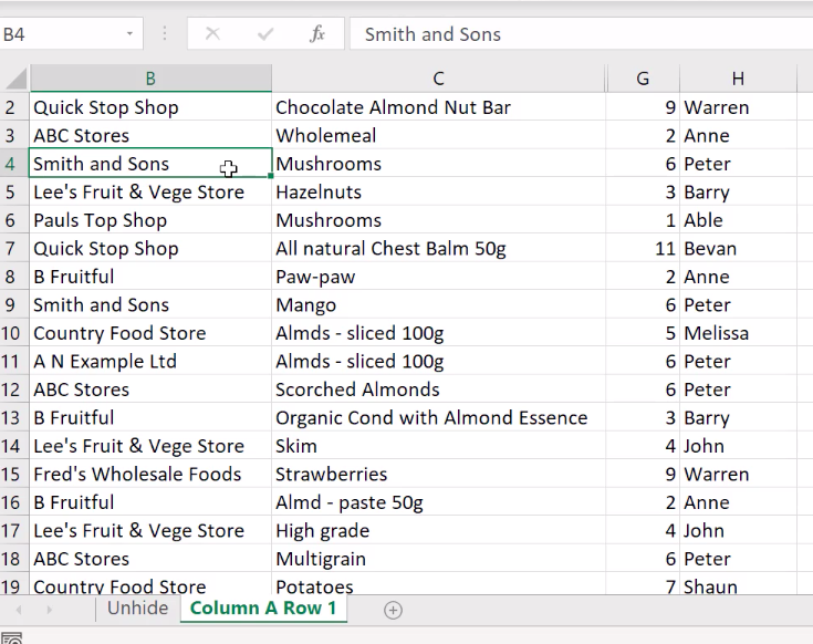 How to unhide columns in Excel 10