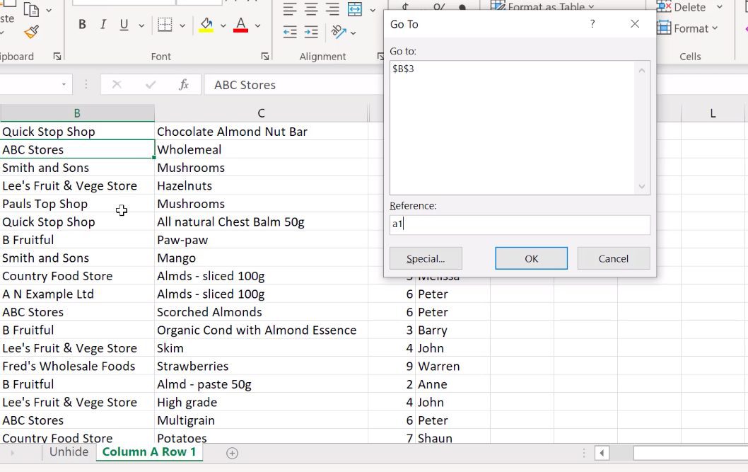 How to unhide columns in Excel 11