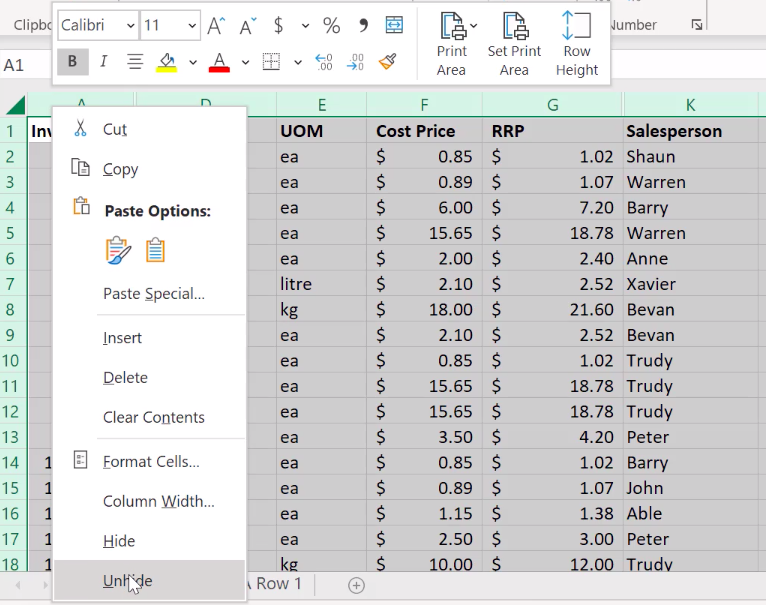 How to unhide columns in Excel 3