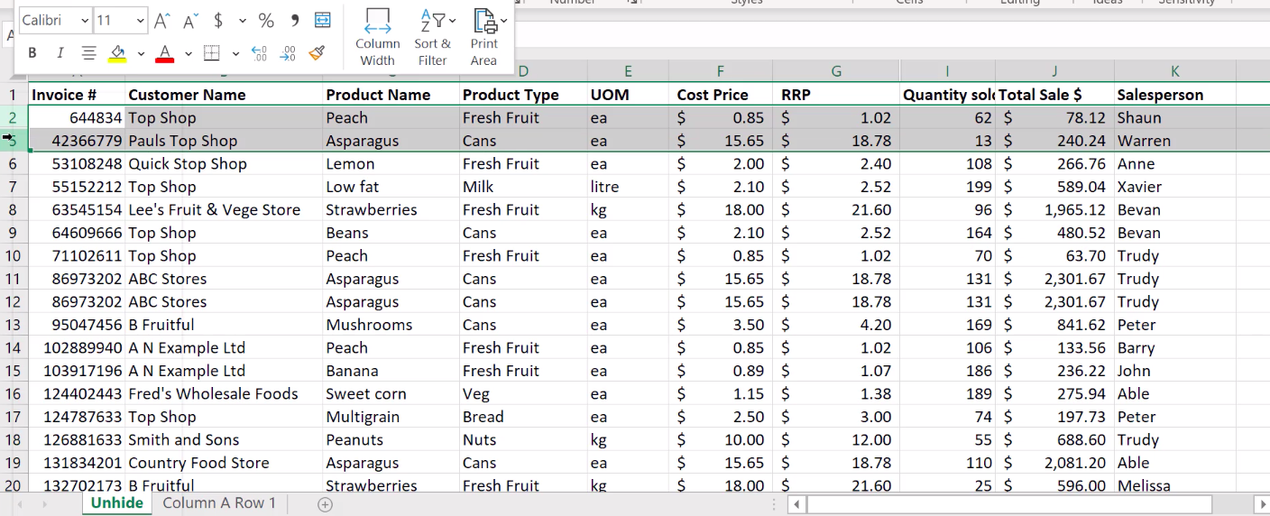 How to unhide columns in Excel 7