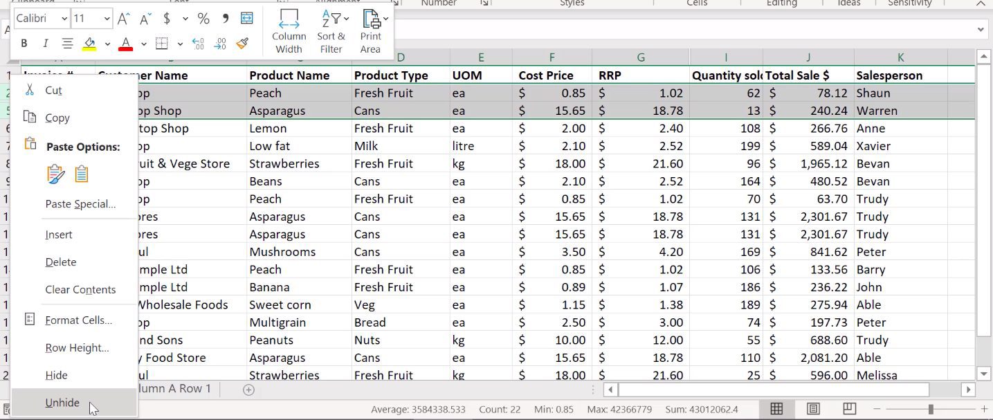 How to unhide columns in Excel 8