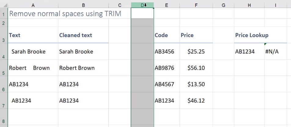 remove internal spaces in excel