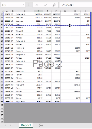 excel each print on one page