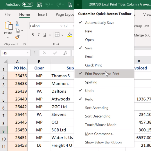 print column a on every page excel