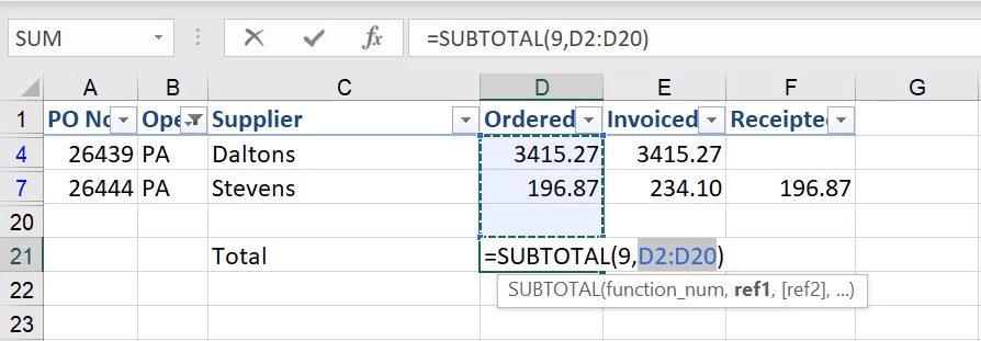 How to sum filtered data in Excel