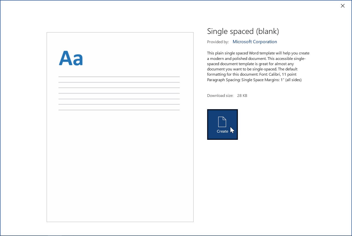 Create new blank document using Single spaced (blank) template