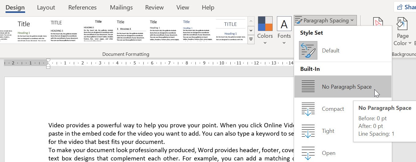 Paragraph Spacing options on the Design tab in Word