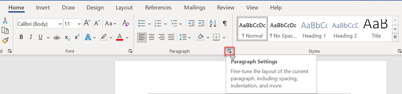 Paragraph dialog box launcher on Home tab