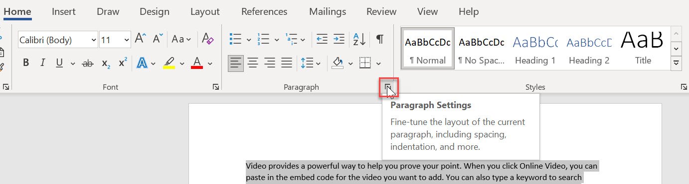Paragraph settings dialog box launder on Home tab in Word