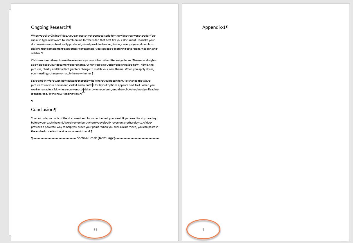 Two Word pages with page number 1 having page numbering and page number two without page numbering