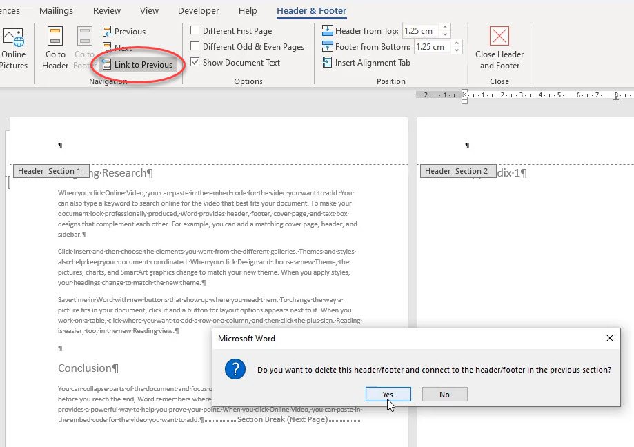 Word Header and Footer tab with Link to Previous selected and shown in a red circle and a pop up message saying "Do you want to delete this header/footer and connect to the header/footer in the previous selction?" and the mouse hovering above Yes