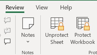 Word Ribbon in Review tab with the options Unprotect Sheet and Protect Workbook