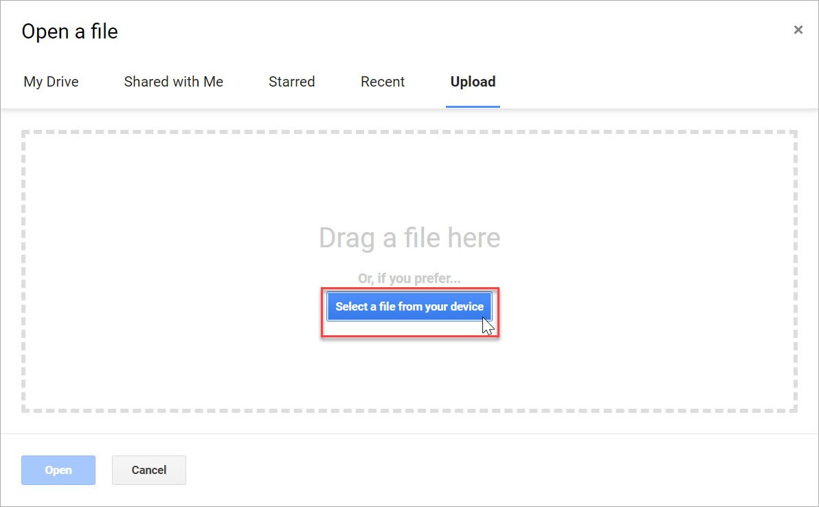 Google Sheets in Open a file and in Upload the option Select a file from your device is shown in a red box