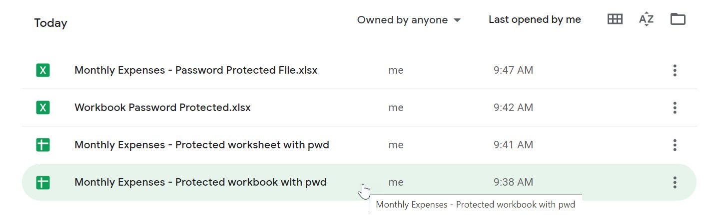 List of files in Google Sheets with Monthly Expenses - Protected workbook with pwd being selected