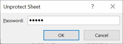 Unprotect Sheet dialogue box with the option to enter a Password. 5 black dots are in the Password area showing a password has been entered