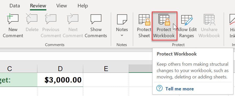 Word Ribbon in Review tab with Protect Workbook shown in a red box