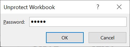 Excel Unprotect Workbook dialogue box with a Password option. 5 black dots in the Password area showing there is a password entered 