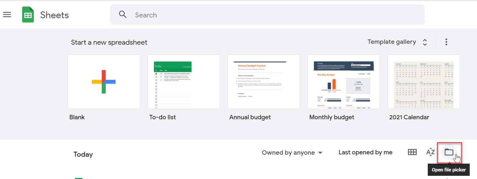In Google Sheets home page with Open file picker on the bottom right shown in a red box