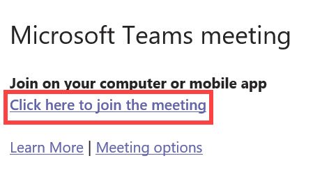 Microsoft Teams Meeting invite with a red rectangle to show where the Click here to join the meeting option is