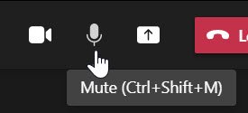 Teams tool bar with mouse pointing to the microphone button with the words Mute (Ctrl + Shift + M) below it and video button to the left and the share screen button to the right