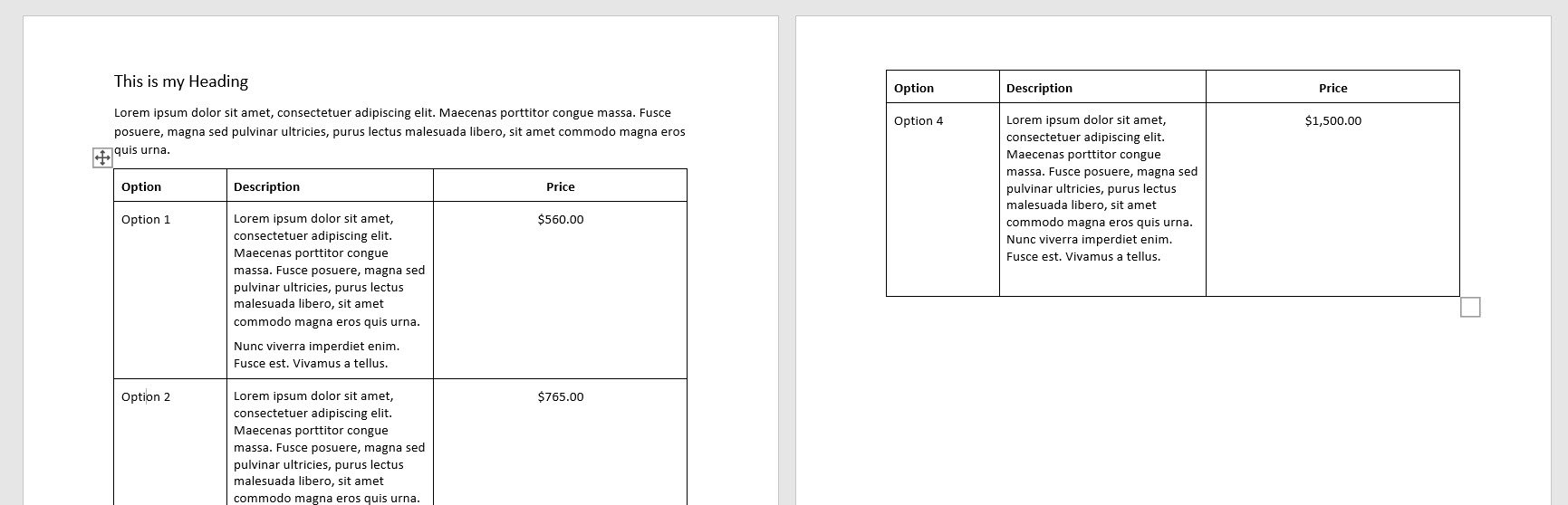 Word document with two pages and the Word Table on both with Header rows