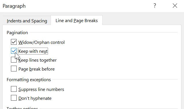 Paragraph dialogue box in Line and Page Breaks tab with Widow/Orphan control and Keep with next selected