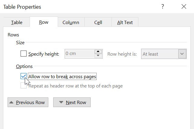 Table Properties in the Row tab with Allow row to break across pages selected
