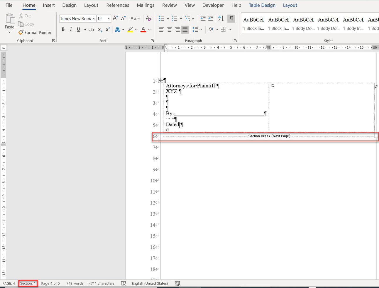 Word document with section break and line numbering greyed out and in bottom left corner shows we are in Section 1