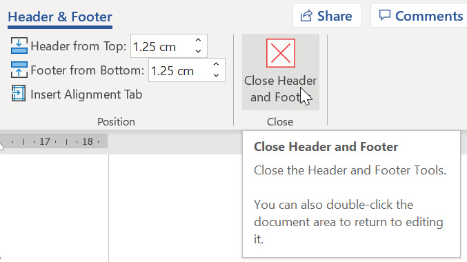 Header & Footer tab in the Word Ribbon with the mouse pointing to the Close Header and Footer option