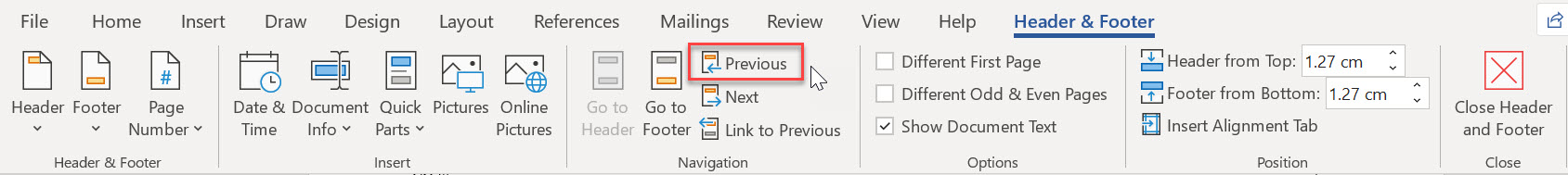 Word Ribbon on the Header & Footer tab with the Previous option shown in a red box