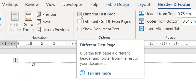 Header and Footer tab in the Word Ribbon with Different First Page selected