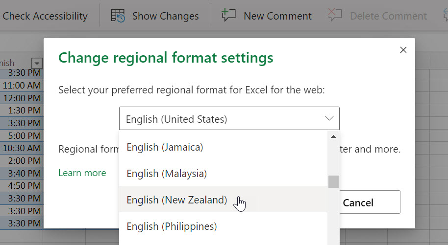 Selecting your preferred regional format from drop-down list