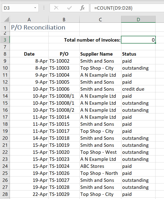 Excel COUNT function returns 0 in the Total number of invoices box