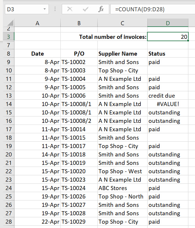 Excel COUNTA counting empty cells and errors