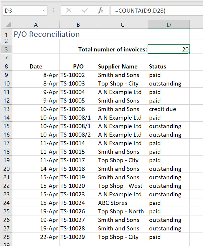 P/O Reconciliation worksheet where the Total number of invoices is returning the number 20