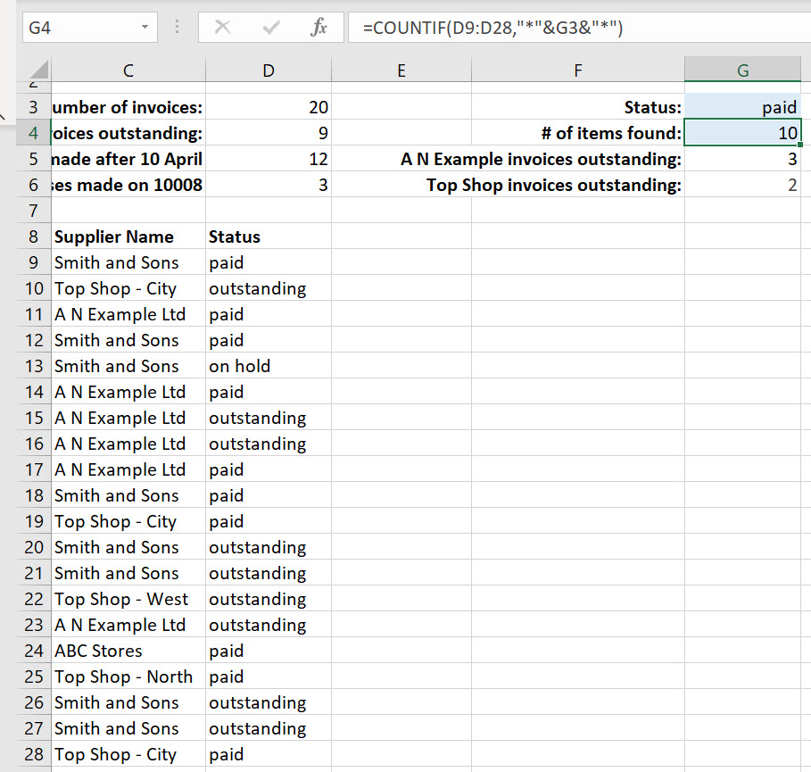 Excel COUNTIF function based on cell content