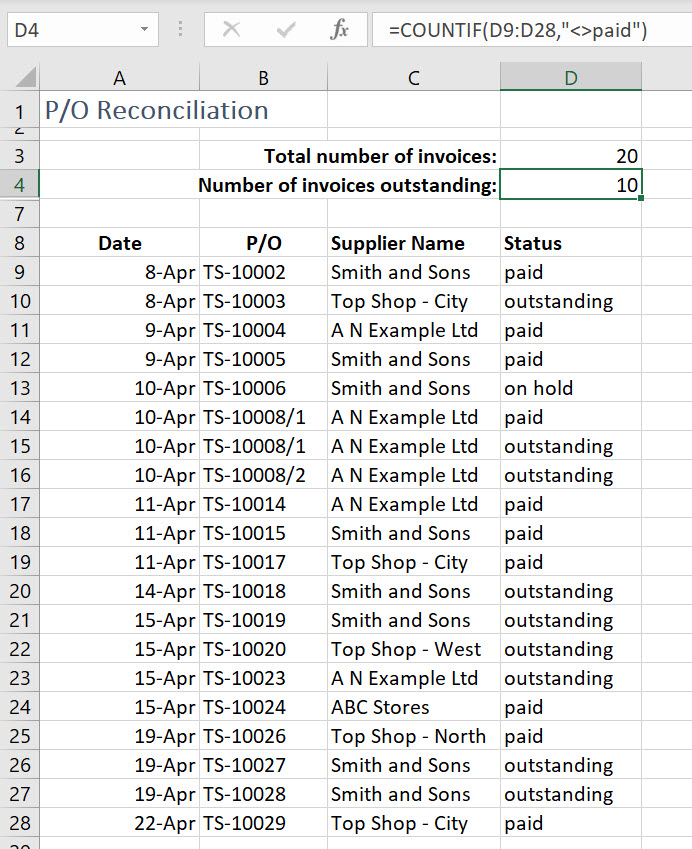 Excel COUNTIF function not equal to