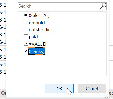 Text Filters dialogue box with #Value! and (Blanks) selected with mouse pointing to the OK option