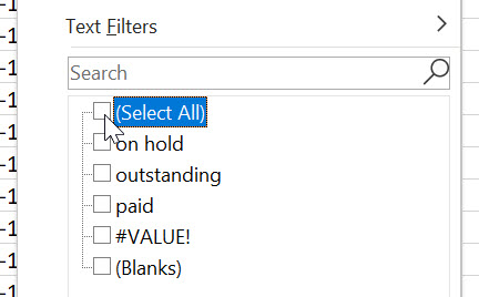 Text Filters dialogue box with Select All not selected the mouse pointing to it