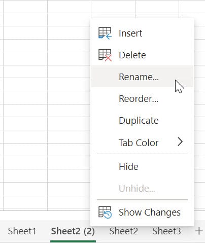 Excel online sheet tabs Sheet1, Sheet 2(2), Sheet2 and Sheet3 with Shet2(2) selected and a shortcut menu with the Rename option being selected