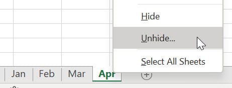 Excel worksheets Jan, Feb, Mar and Apr with Apr selected and Unhide being selected from the shortcut menu