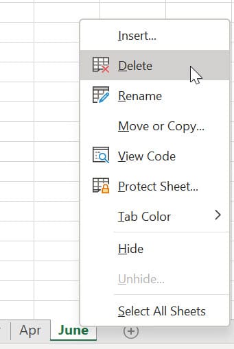 June worksheet tab selected with the Delete option being selected 