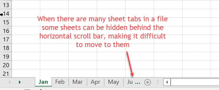 Excel sheet tabs Jan, Feb, Mar, Apr, May, Jun with three dots next to them. A red arrow pointing to the three dots with the caption "When there are many sheet tabs in a file some sheets can be hidden behind the horizontal scroll bar, making it difficult to move them"
