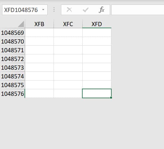 Excel sheet with very last cell selected in column XFD and row 1048576