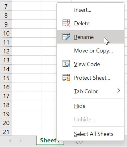 Sheet1 tab with shortcut menu next to it and the Rename option being selected by the mouse