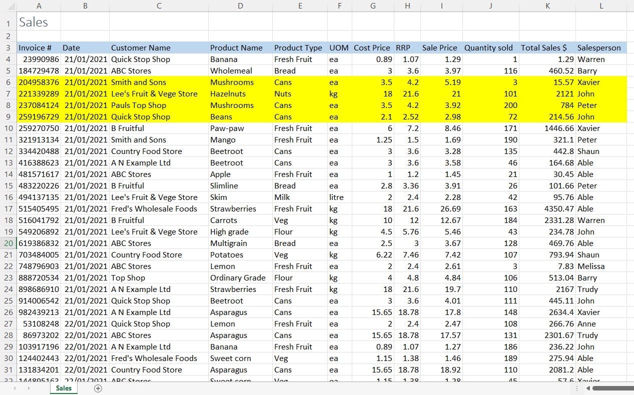 Excel Sales spreadsheet with columns 6-9 highlighted in yellow