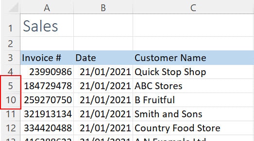 Excel Sales spreadsheet with rows 6-9 hidden and a red box on the row tabs showing that they are hidden