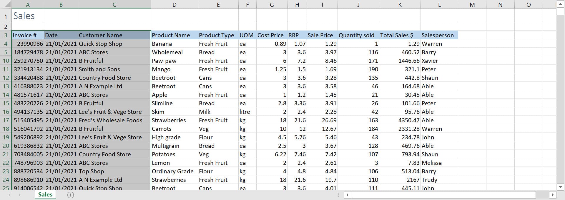 Sales spreadsheet with columns Invoice # (column A), Sale (Column B) and Customer Name (Column C) all highlighted